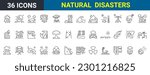 Natural disasters, pollution, related to evacuation, Apocalypse. editable stroke icons Vector illustration
