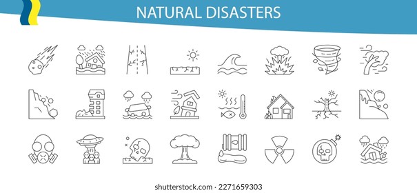 Desastres naturales, contaminación, relacionados con evacuación, íconos de golpes editables Ilustración vectorial