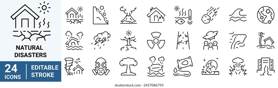 Natural disasters, pollution, related to evacuation, Apocalypse. editable stroke icons Vector illustration