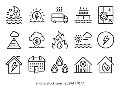 Natural disasters, pollution, related to evacuation related editable icon set isolated flat vector illustration white background