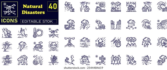 Natural disasters, pollution, related to evacuation, editable stroke icons . 