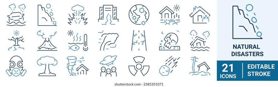 Natural disasters, pollution, related to evacuation, Apocalypse. editable stroke icons Vector illustration