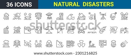 Natural disasters, pollution, related to evacuation, Apocalypse. editable stroke icons Vector illustration