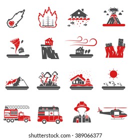 Natural disasters red black icons set with drought hazard and earth quake symbols abstract isolated vector illustration  