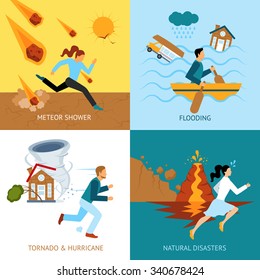 Natural disasters safety design concept with people escape from tornado and hurricane flat icons isolated vector illustration