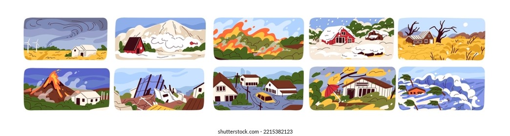 Natural disasters set. Catastrophes, emergency in nature. Destruction scenes of tornado, flood, volcano eruption, forest fire, drought, blizzard, snowfall and earthquake. Flat vector illustrations