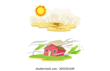 Natural disasters set. Drought and hurricane cartoon vector illustration
