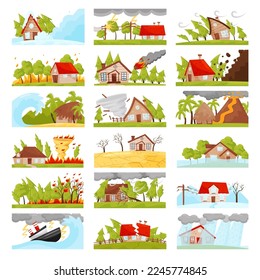 Natural disasters set. Fire, flood, hurricane, typhoon, volcano eruption, drought cartoon vector