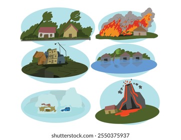 Natural disasters.. set with Flood, Forest fire, Volcano, Earthquake, Hurricanes, Snowstorm 
