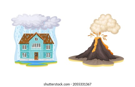 Natural disasters set. Flood and volcano eruption cartoon vector illustration