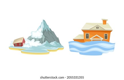 Natural disasters set. Snow avalanche and flood cataclysms cartoon vector illustration