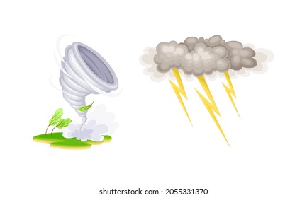 Natural disasters set. Tornado and thunderstorm cartoon vector illustration