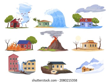 Natural disasters set vector cartoon illustration. Collection damage catastrophe tornado, storm, hurricane, tsunami, flood, fire, volcanic eruption, drought, earthquake, landslide, blizzard isolated