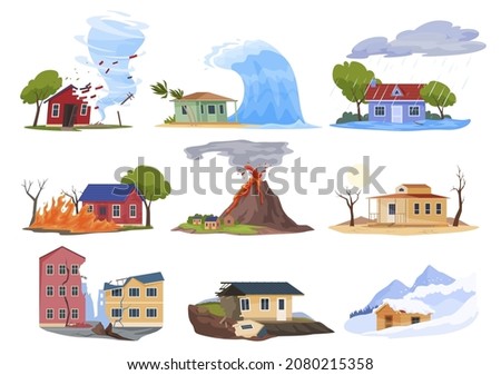 Natural disasters set vector cartoon illustration. Collection damage catastrophe tornado, storm, hurricane, tsunami, flood, fire, volcanic eruption, drought, earthquake, landslide, blizzard isolated