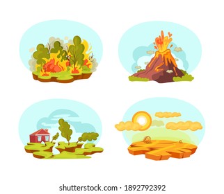 Natural disasters set. Wild landscape volcanic eruption, earthquake, forest fires, drought desert. Burning forest fires with burning trees. Drought disaster, water depletion cartoon vector