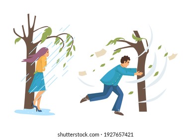 Natural disasters, severe weather conditions hurricane, rain. Girl hiding from heavy downpour. Man holding on to tree fleeing stormy wind. Swirling tornado, rainstorm with strong wind breaks trees