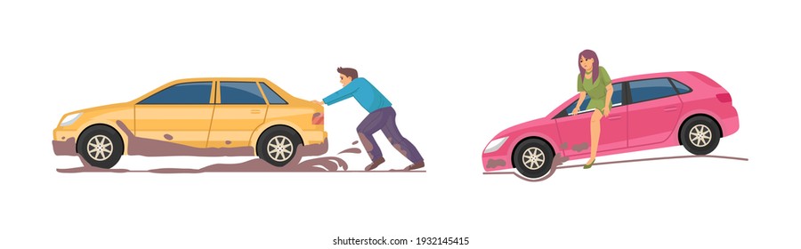 Natural disasters, severe weather conditions. Stuck cars due to bad weather. Girl climbs out of window of car that has fallen into hole. Young man stuck in mud and pushing car vector