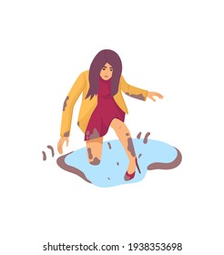 Natural disasters, severe weather unfavorable environmental conditions. Girl stumbled and fell into a puddle of muddy cartoon vector illustration