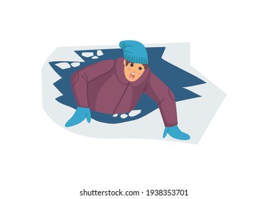 Natural disasters, severe weather unfavorable environmental conditions. Guy is trying to get out of ice hole into which he fell under the ice cartoon vector illustration