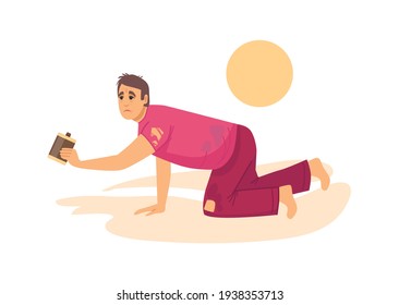 Natural Disasters, Severe Weather Unfavorable Environmental Conditions. Man In Desert Crawling On His Knees On Sands In Desert Without Water Cartoon Vector Illustration