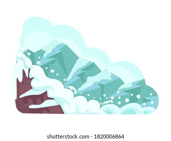 Natural disasters snow avalanches in the mountains. Cataclysm, catastrophe, destruction of nature cartoon vector illustration
