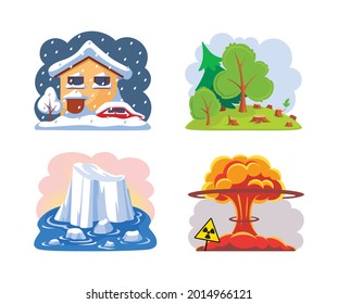 Natural disasters snowfall, deforestation, melting glaciers, nuclear explosion. Nuclear explosion causes toxic pollution, snowy winter, melting iceberg, felled forest with stumps vector