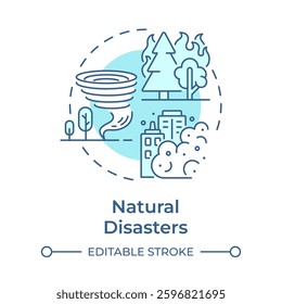 Natural disasters soft blue concept icon. Type of critical events. Travel risk management service. Round shape line illustration. Abstract idea. Graphic design. Easy to use in presentation