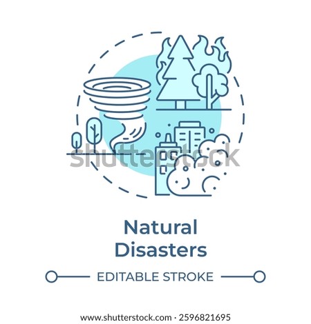 Natural disasters soft blue concept icon. Type of critical events. Travel risk management service. Round shape line illustration. Abstract idea. Graphic design. Easy to use in presentation