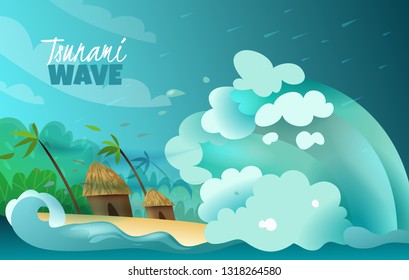 Natural disasters stylized colorful poster with colossal tsunami wave crashing ashore devastating bungalows and palms vector illustration