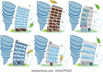 Natural disasters such as typhoons on skyscrapers, commercial buildings and cityscapes