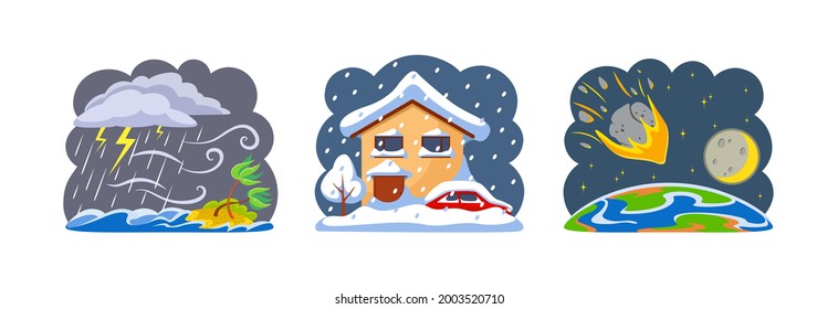 Natural disasters tropical cyclones, falling meteorites and heavy snowfall. Tornado and tropical rainstorm with strong wind breaks trees. Snowy winter, snow covered houses and cars cartoon vector