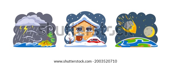 Natural disasters tropical cyclones, falling\
meteorites and heavy snowfall. Tornado and tropical rainstorm with\
strong wind breaks trees. Snowy winter, snow covered houses and\
cars cartoon vector