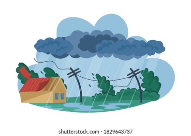 Natural Disasters Tropical Cyclones. Swirling Tornado In Village Destroy Houses, Tropical Rainstorm With Strong Wind Breaks Trees Blows Off Roof Of Building. Huge Wind, Waterspout Storm Cartoon Vector