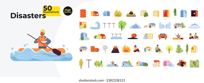 Natural disasters urban cartoon flat illustration bundle. Apartment buildings destroyed, trees 2D characters, objects isolated on white background. Catastrophe city vector color image collection