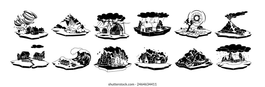 Natural disasters variation black and white 2D cartoon objects set. Accidents surviving isolated vector monochrome items collection