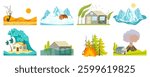 Natural disasters - vector collection. Flood, wildfire, tsunami and other. Global warming and climate change concept.  
