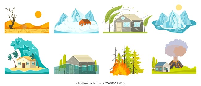 Natural disasters - vector collection. Flood, wildfire, tsunami and other. Global warming and climate change concept.  