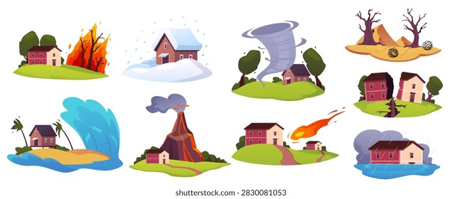Natural disasters vector flat illustrations set. Cartoon volcano eruption, tornado and forest fire, flood and tsunami. Catastrophe cataclysms. Earthquake, hurricane, snow storm and desert drought