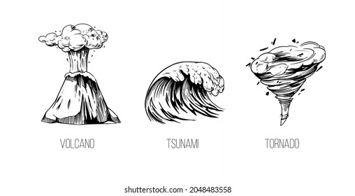 natural disasters. Volcano, tsunami, tornado. Hand drawn vector sketch illustration.