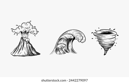 natural disasters. Volcano, tsunami, tornado. Hand drawn vector sketch illustration.