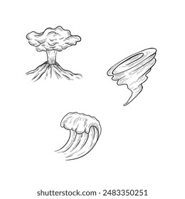 desastres naturales. Volcán, tsunami, tornado. Ilustración de boceto de Vector dibujado a mano.