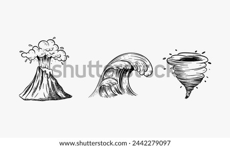 natural disasters. Volcano, tsunami, tornado. Hand drawn vector sketch illustration.