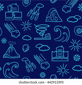 Natural disasters and weather conditions, seamless dark blue background. Vector background with linear icons.