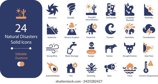 Natural disasters and weather events solid duotone flat icon pack with 24 isolated icons