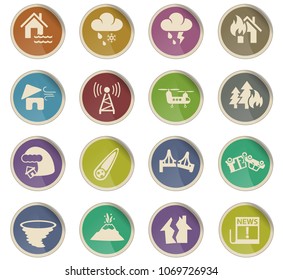 natural disasters web icons in the form of round paper labels