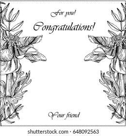 Natural drawing. Flowers. Thin lines. Design. Card. Invitation. Place for the text. Exquisite design.