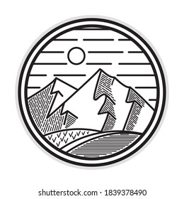Natural drawing of mountains and rice fields with line technique. classic and old style. Flat vector illustration.