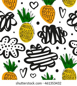 Natural drawn pattern with pineapples. Floral decorative pattern in scandinavian style. Vector summer texture