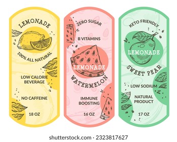 Natural drinks and beverages with zero sugar, low calorie lemonade with no caffeine. Sweet pear and watermelon taste, herbs and organic ingredients. Package labels stickers. Vector in flat style