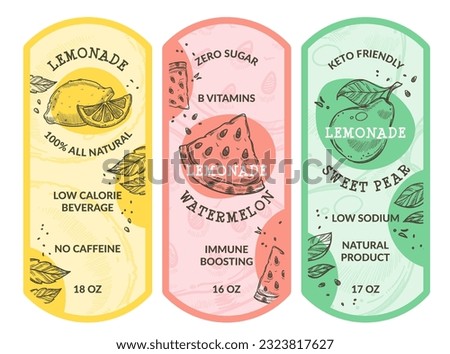 Natural drinks and beverages with zero sugar, low calorie lemonade with no caffeine. Sweet pear and watermelon taste, herbs and organic ingredients. Package labels stickers. Vector in flat style